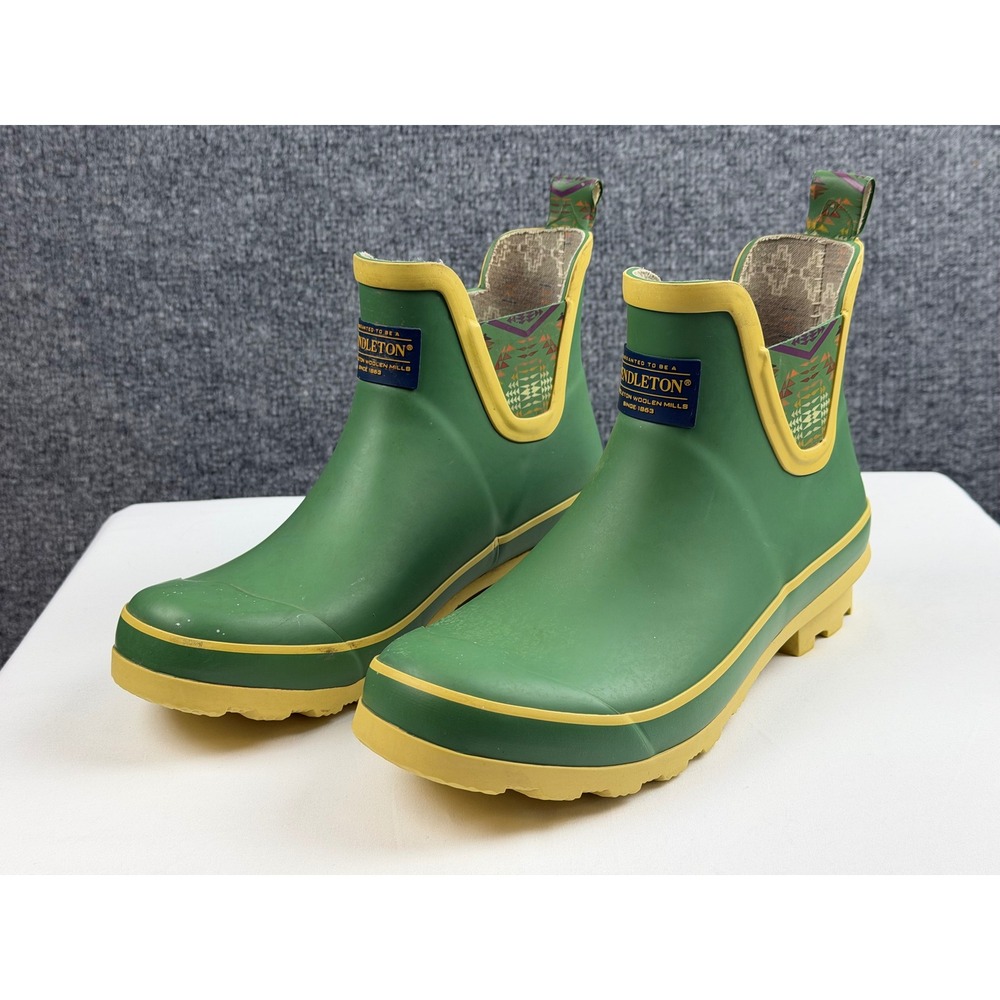 Pendleton Womens Green Yellow Ankle Rain Boots Rubber Chelsea Booties Size 8